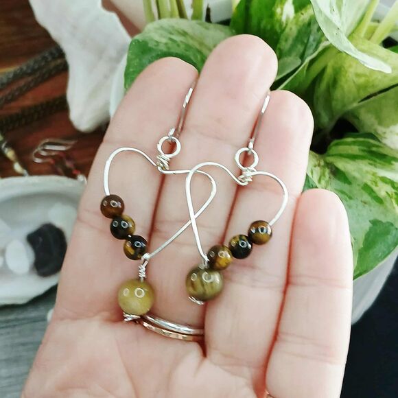 Tigers Eye Gemstone Heart Dangle Earrings, Crystal Jewelry, 2" - Picture 4 of 10